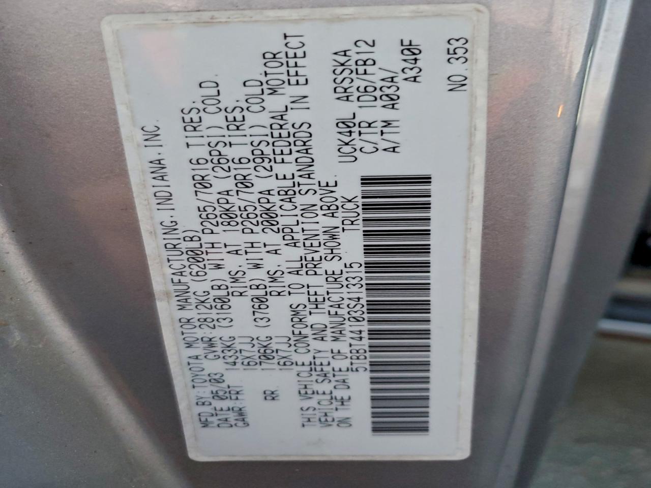 Lot #3304626444 2003 TOYOTA TUNDRA ACC