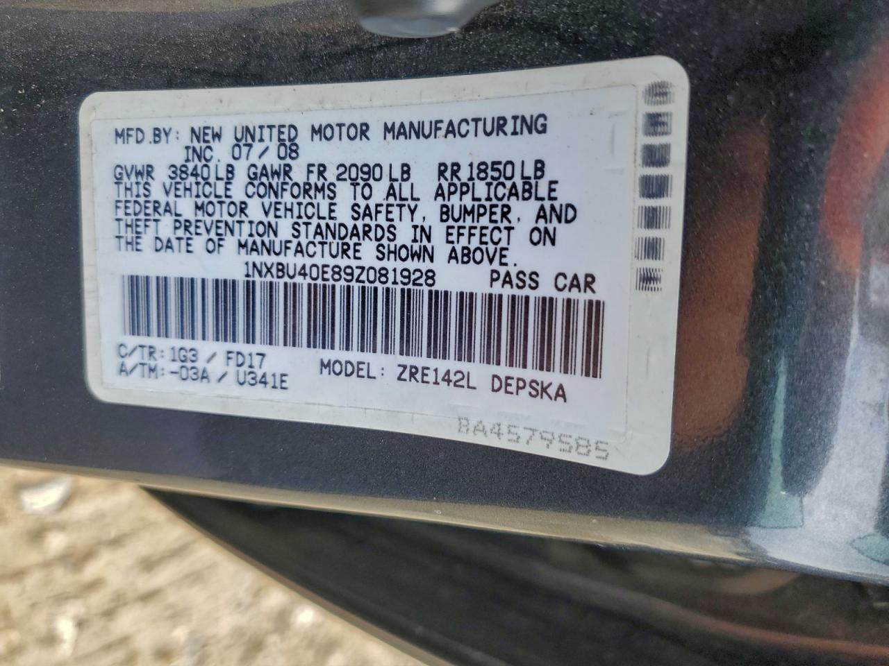 Lot #3305291318 2009 TOYOTA COROLLA BA