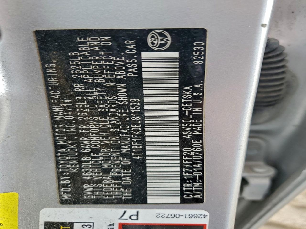 Lot #3304817550 2014 TOYOTA CAMRY L