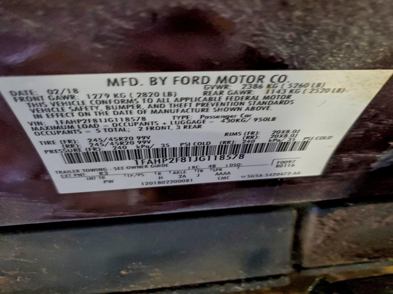 Lot #3315660795 2018 FORD TAURUS LIM