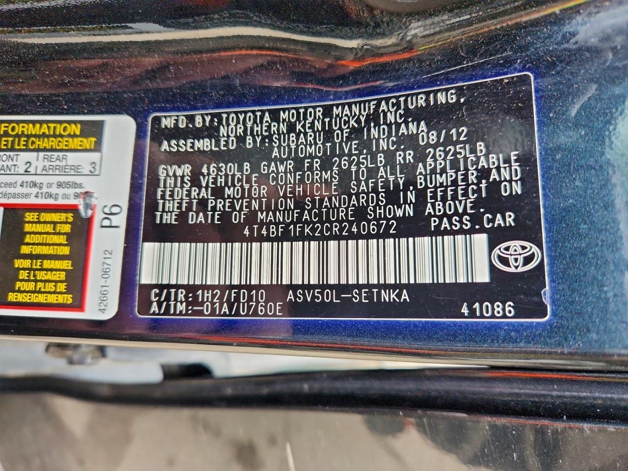 Lot #3311385321 2012 TOYOTA CAMRY BASE