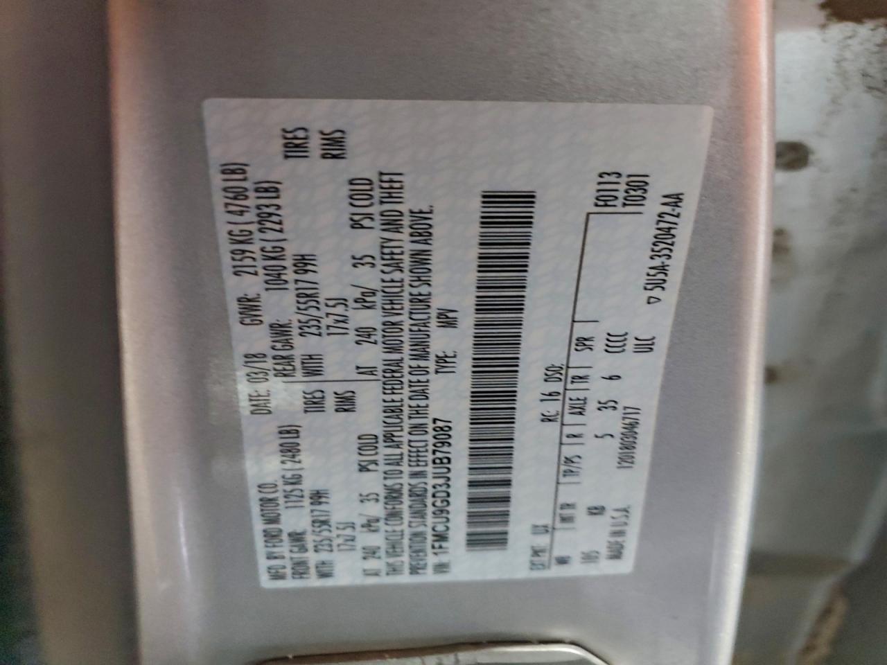 Lot #3302731999 2018 FORD ESCAPE SE