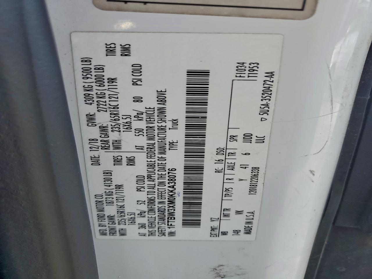 Lot #3318936961 2019 FORD TRANSIT T-