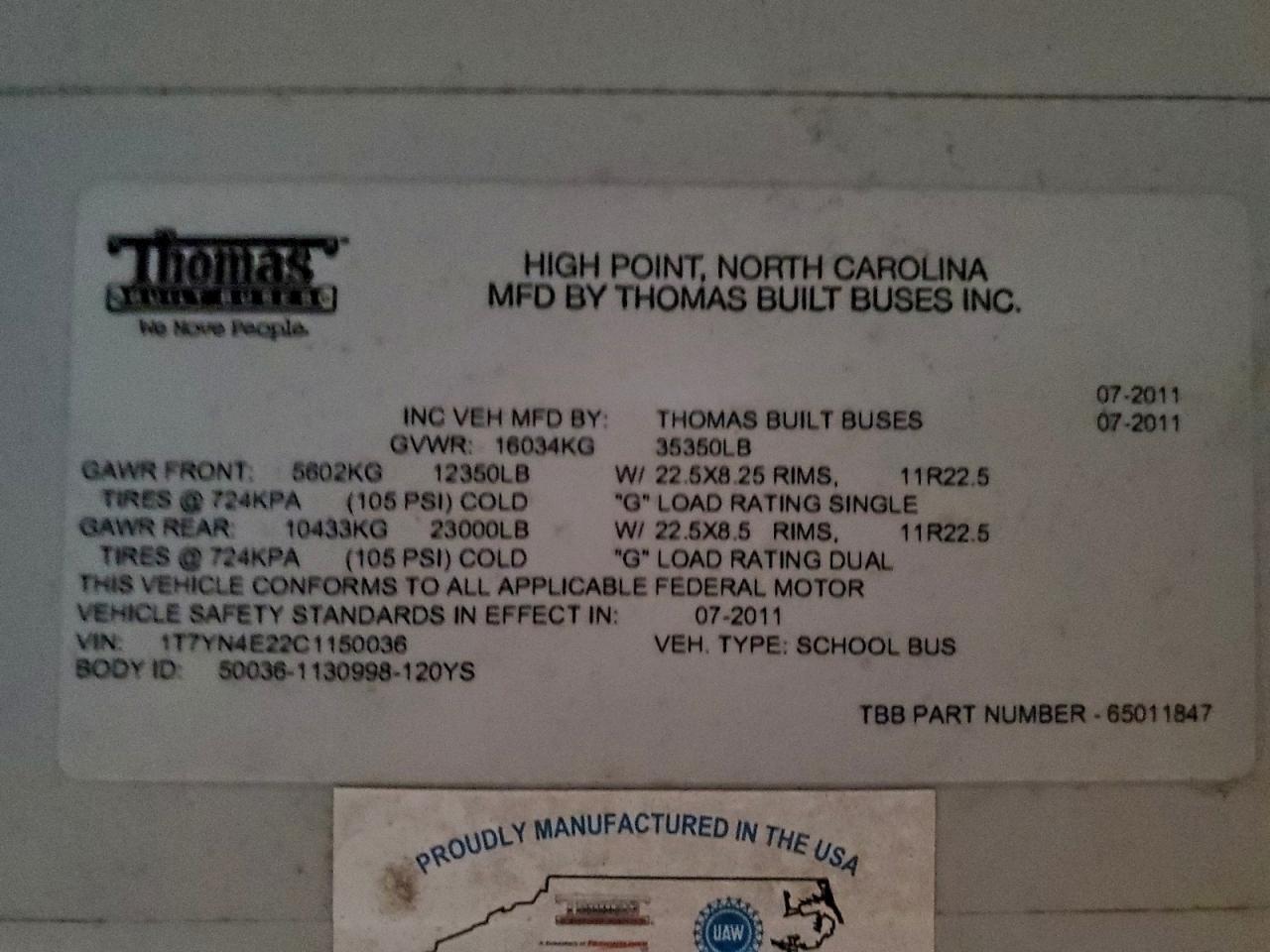 Lot #3303544064 2012 THOMAS SAF-T-LINER HDX