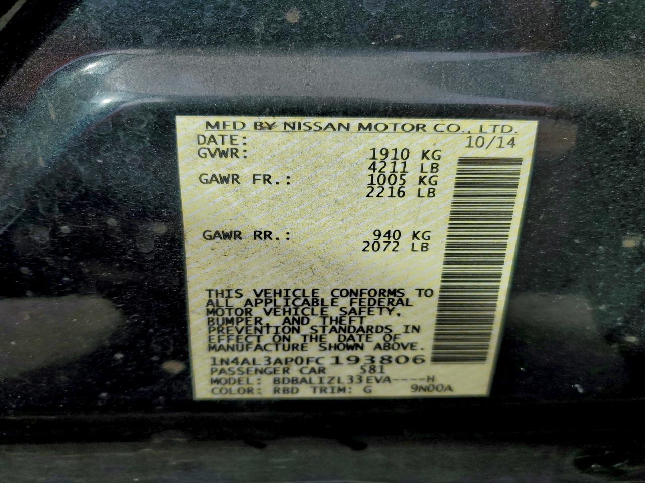 Lot #3315655778 2015 NISSAN ALTIMA 2.5