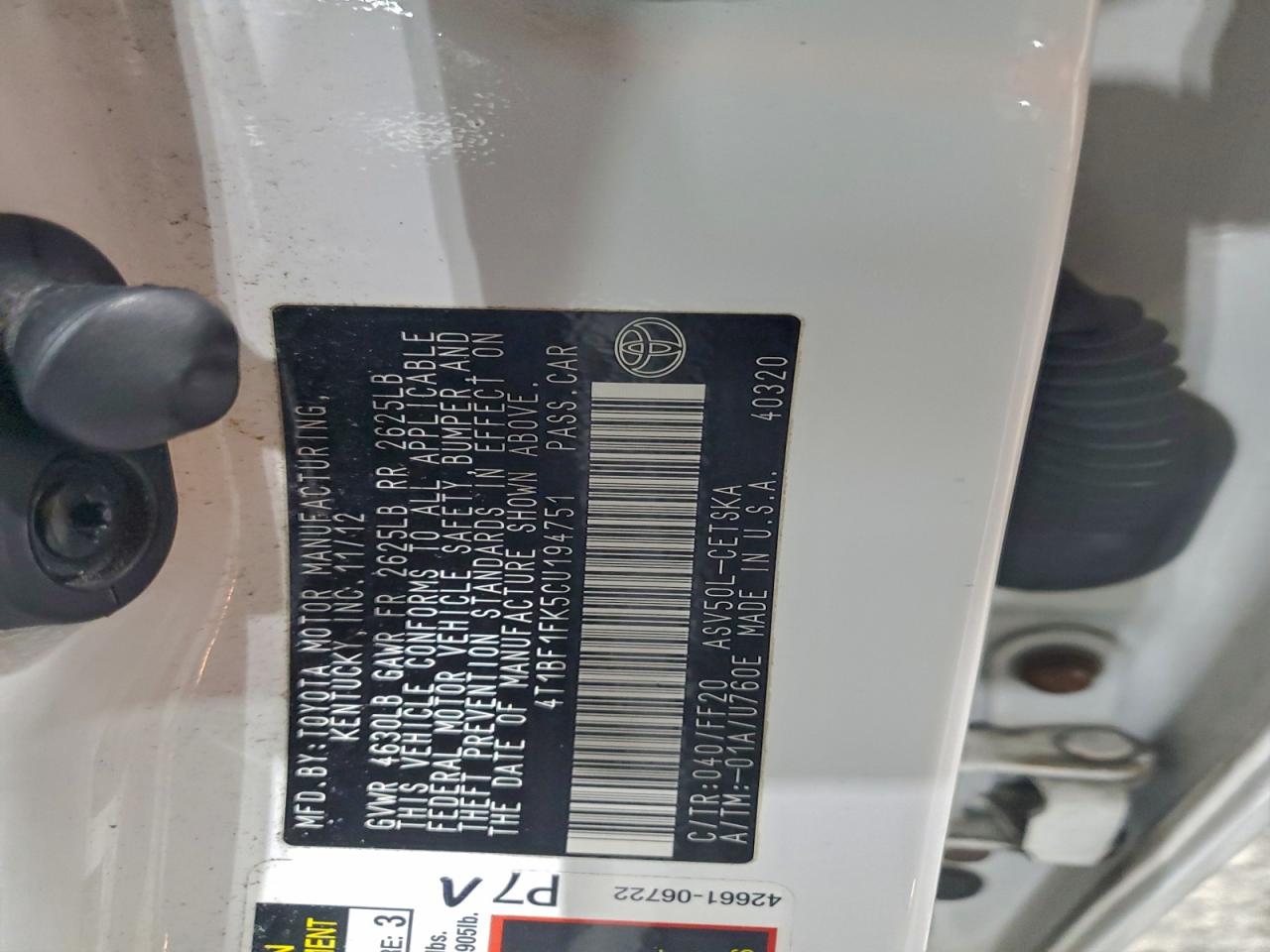 Lot #3317760095 2012 TOYOTA CAMRY BASE