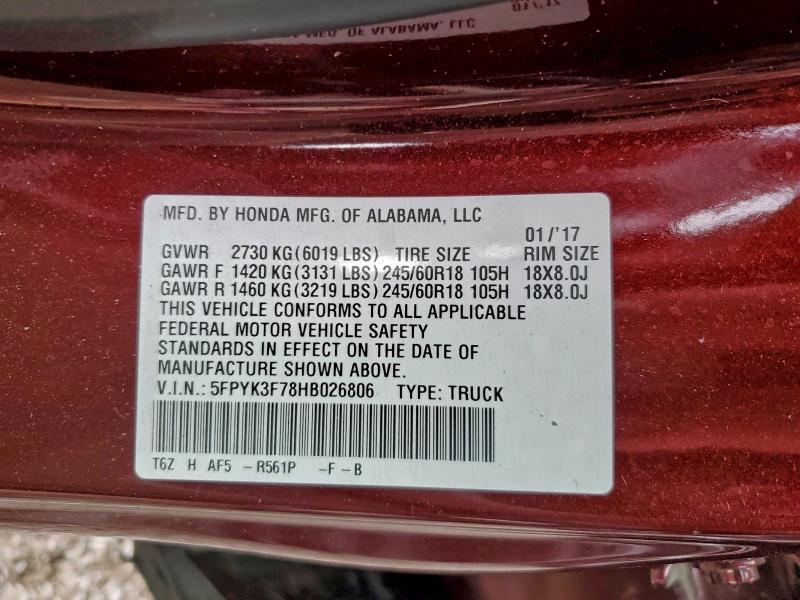 2017 HONDA RIDGELINE #3301893443