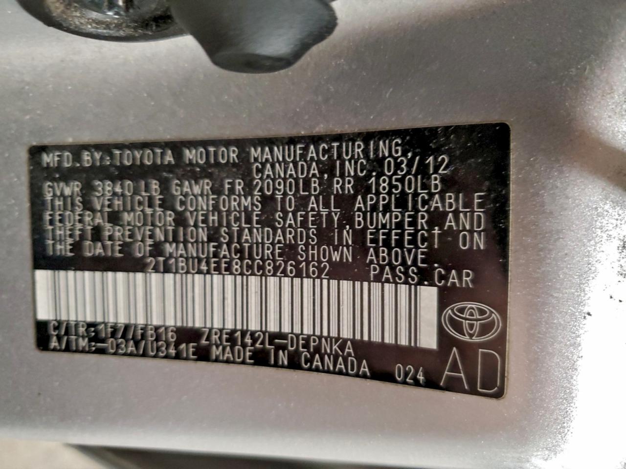 Lot #3305313336 2012 TOYOTA COROLLA BA