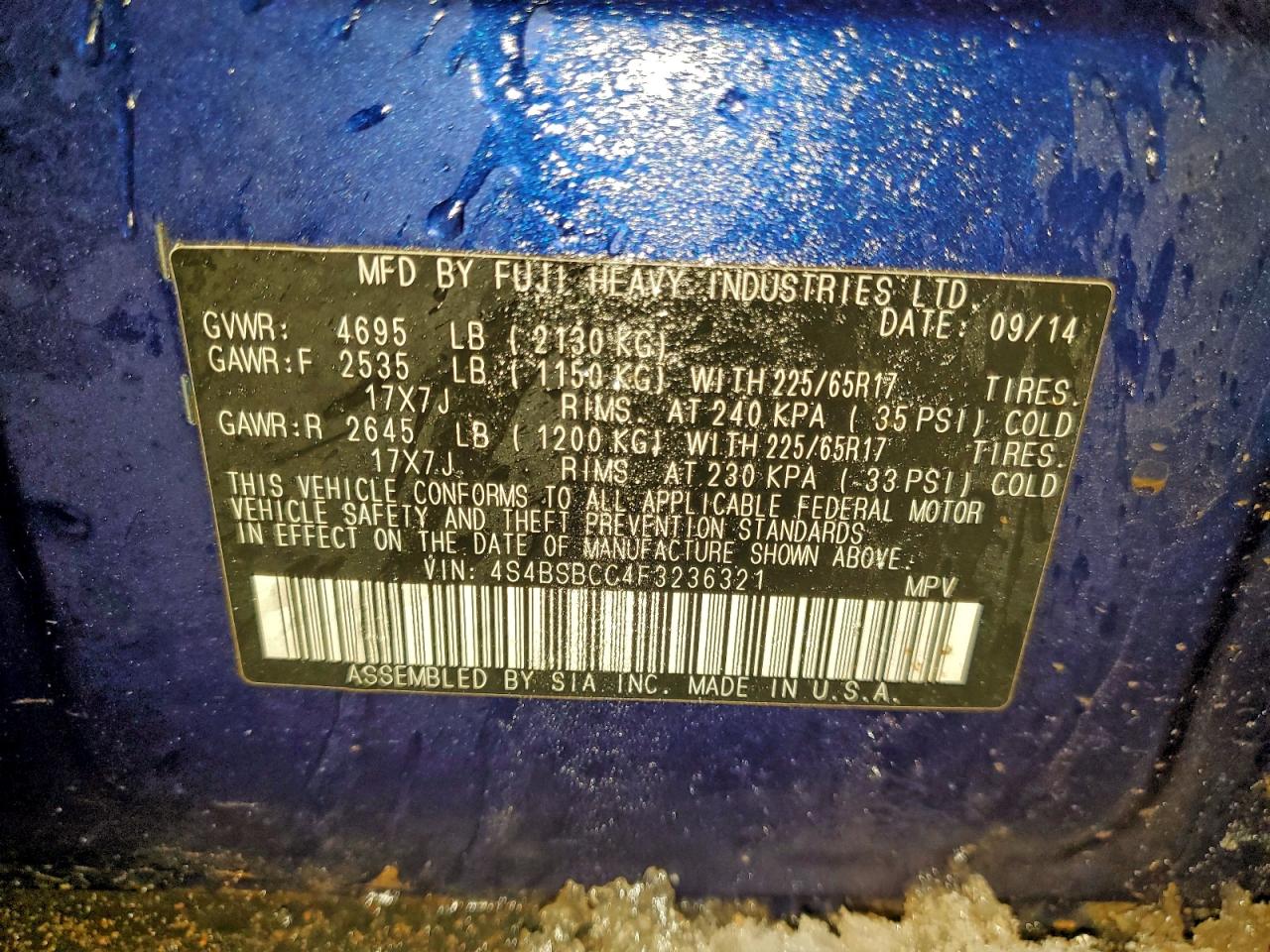 Lot #3309285628 2015 SUBARU OUTBACK 2.