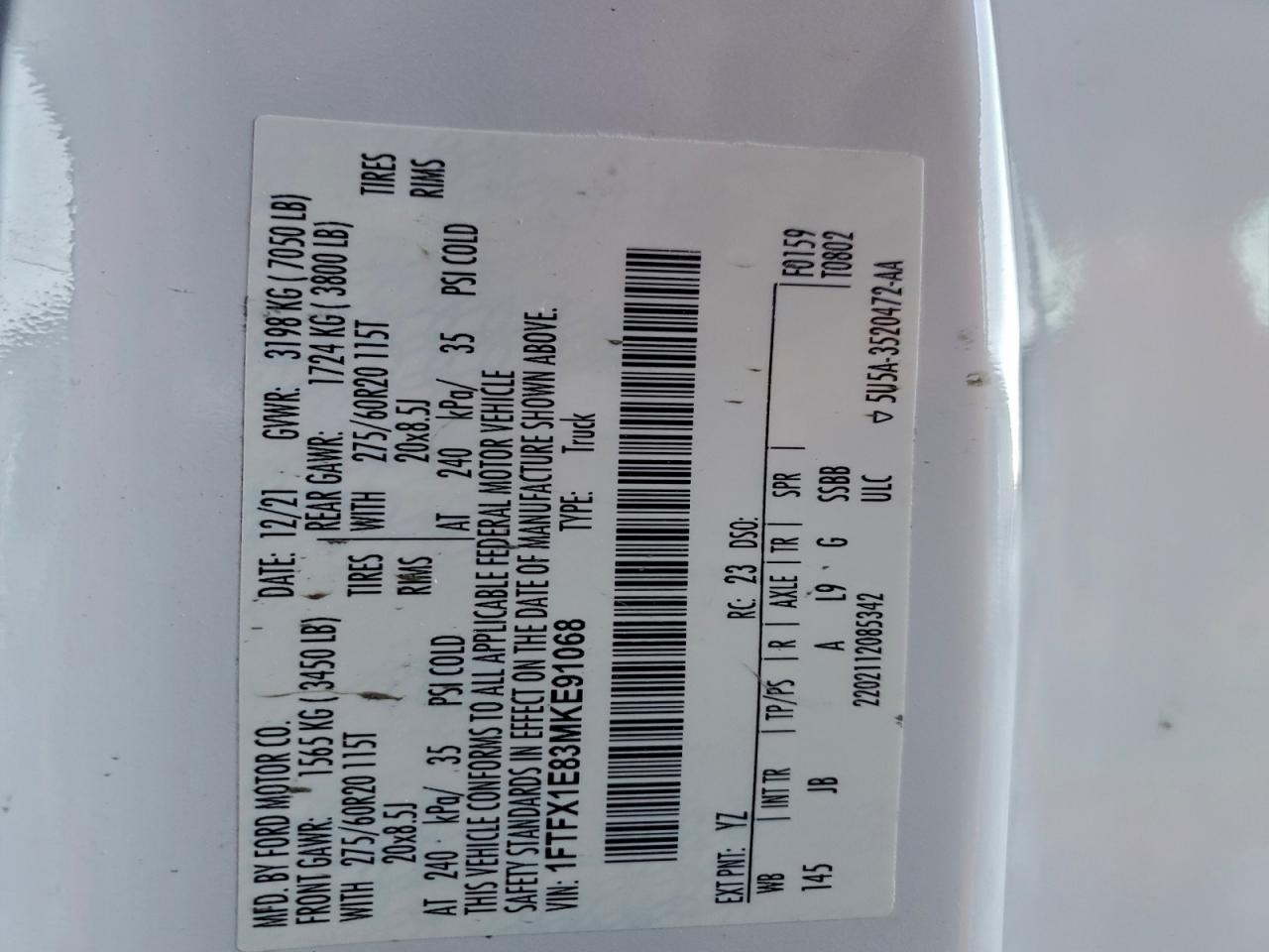 Lot #3315662783 2021 FORD F150 SUPER