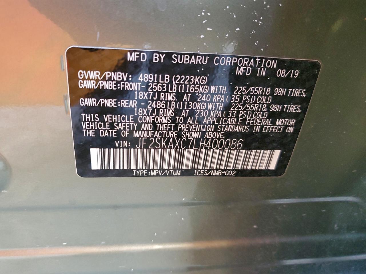 Lot #3317147991 2020 SUBARU FORESTER T