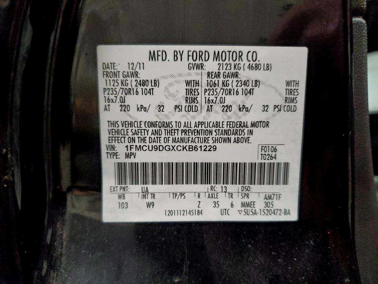 Lot #3319007342 2012 FORD ESCAPE XLT