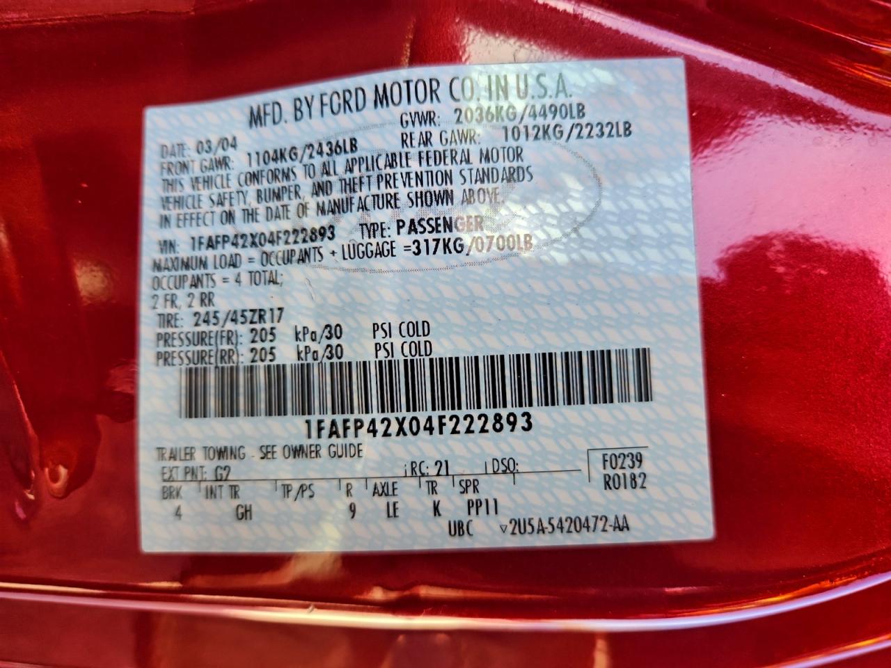 Lot #3311650226 2004 FORD MUSTANG GT