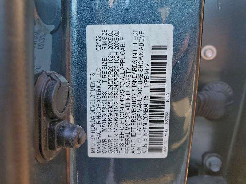 2022 HONDA PILOT SE #3304610472