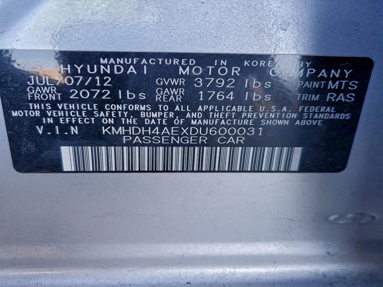 Lot #3315957085 2013 HYUNDAI ELANTRA GL