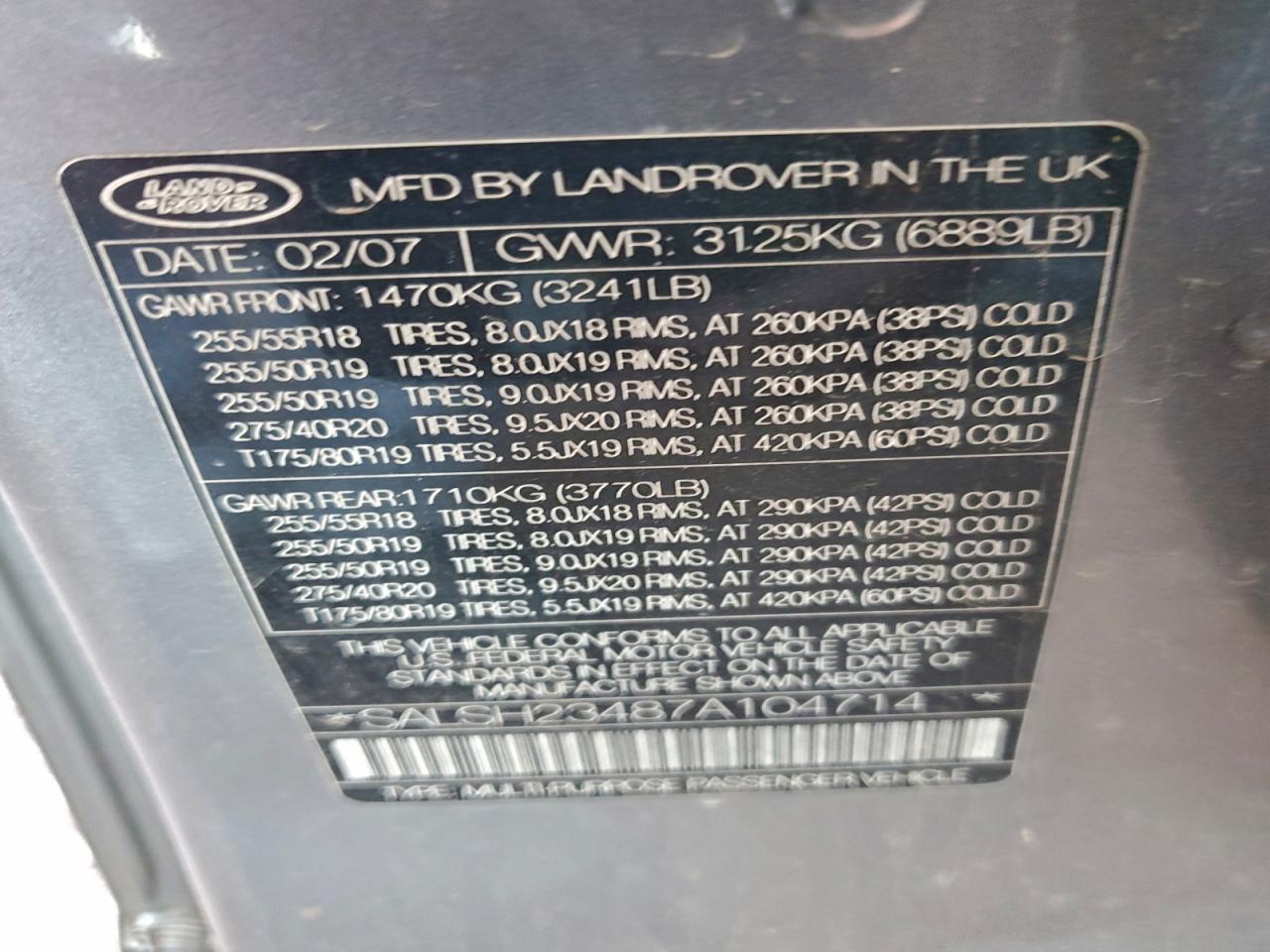 Lot #3308342041 2007 LAND ROVER RANGE ROVE