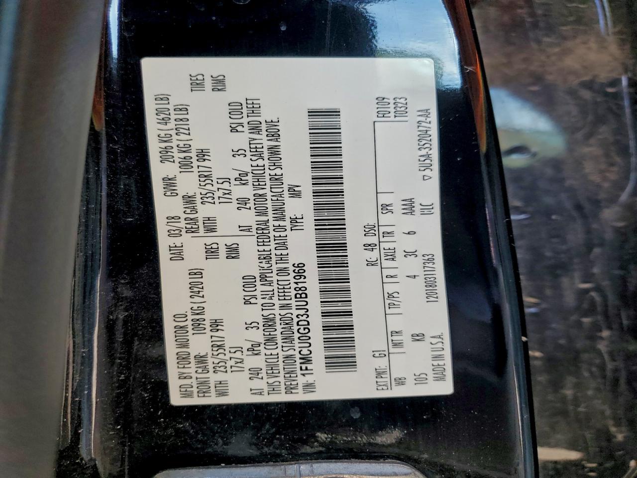 Lot #3309220628 2018 FORD ESCAPE SE