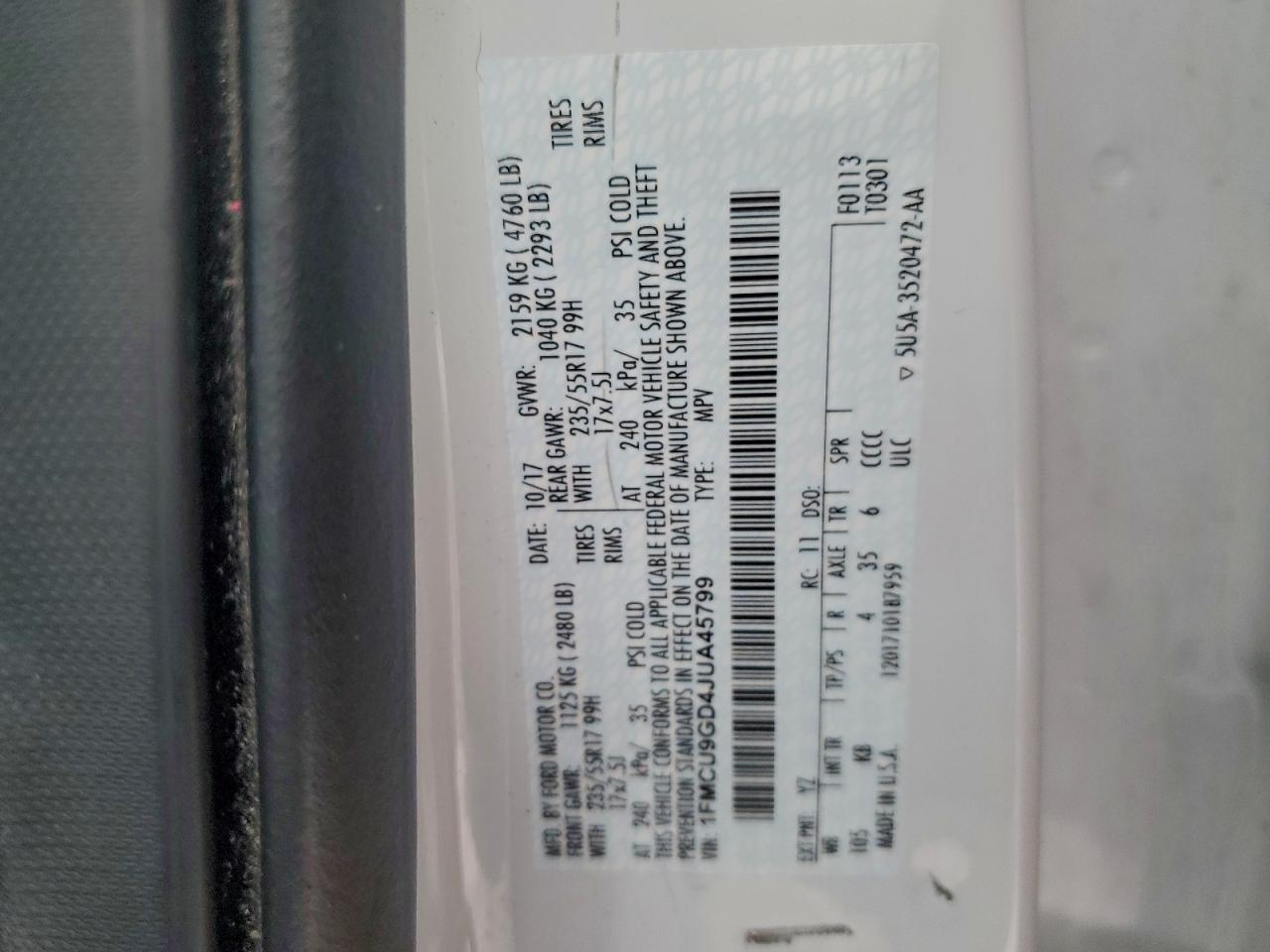 Lot #3304547484 2018 FORD ESCAPE SE