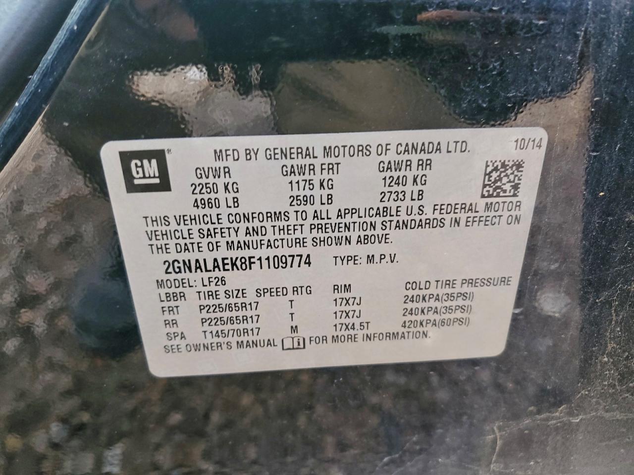 Lot #3310447300 2015 CHEVROLET EQUINOX LS