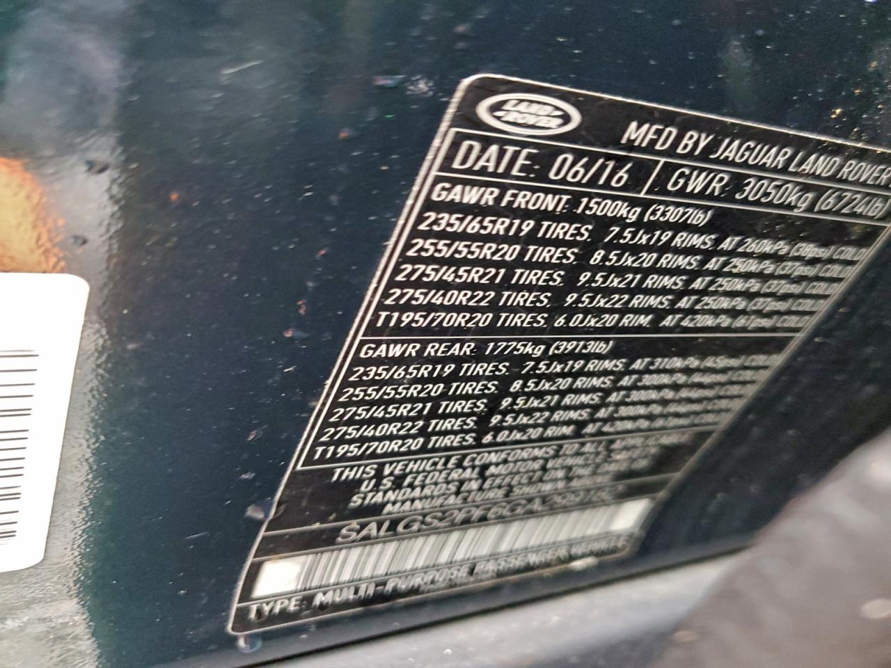 Lot #3304612441 2016 LAND ROVER RANGE ROVE