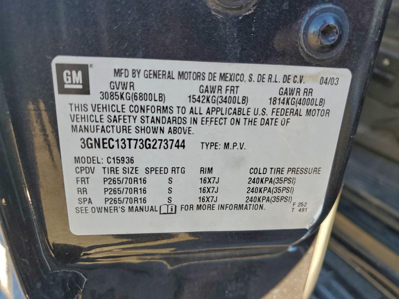 Lot #3303185802 2003 CHEVROLET AVALANCHE