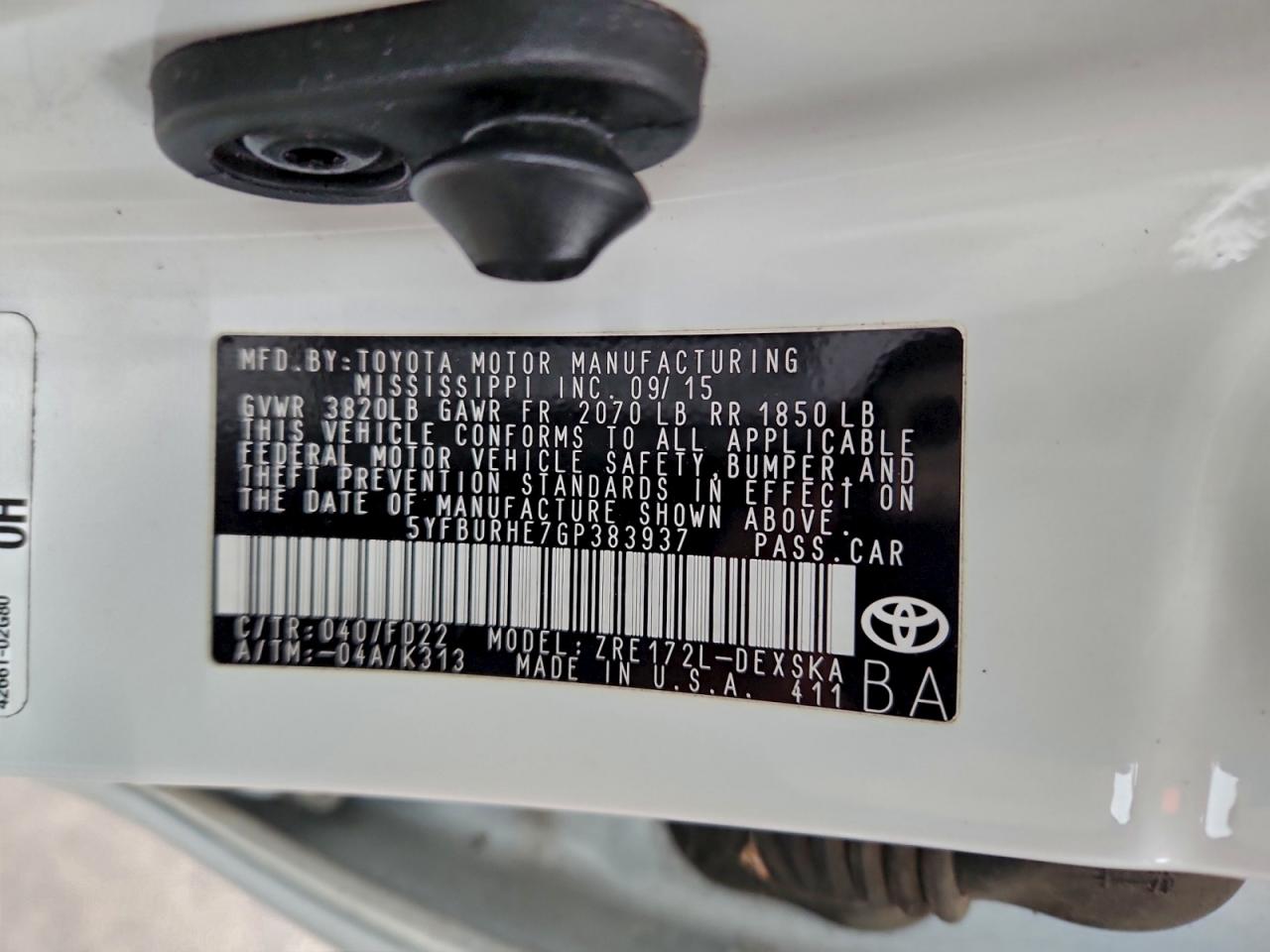 Lot #3317852934 2016 TOYOTA COROLLA L
