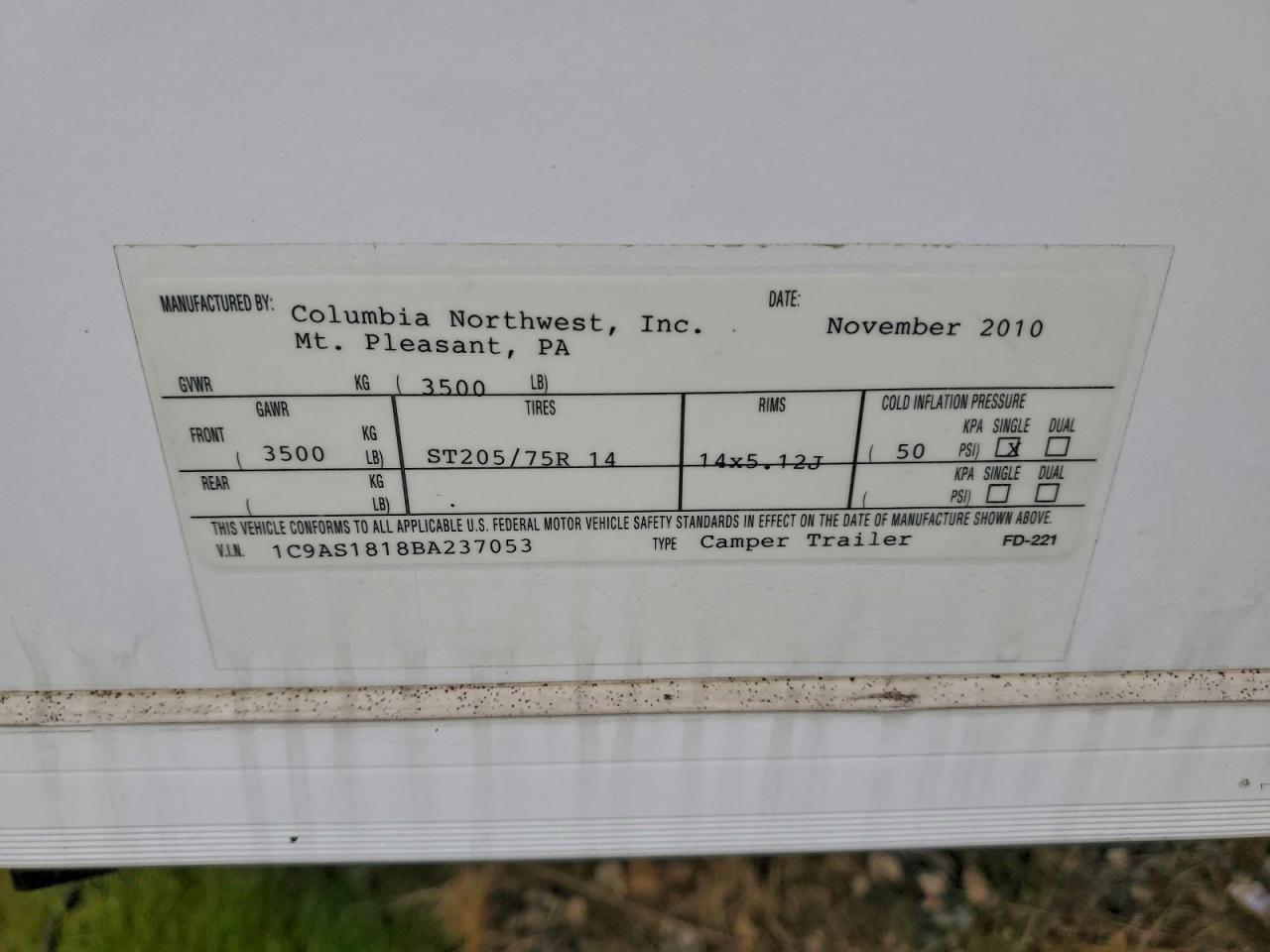 Lot #3309792330 2011 COLU CAMPER