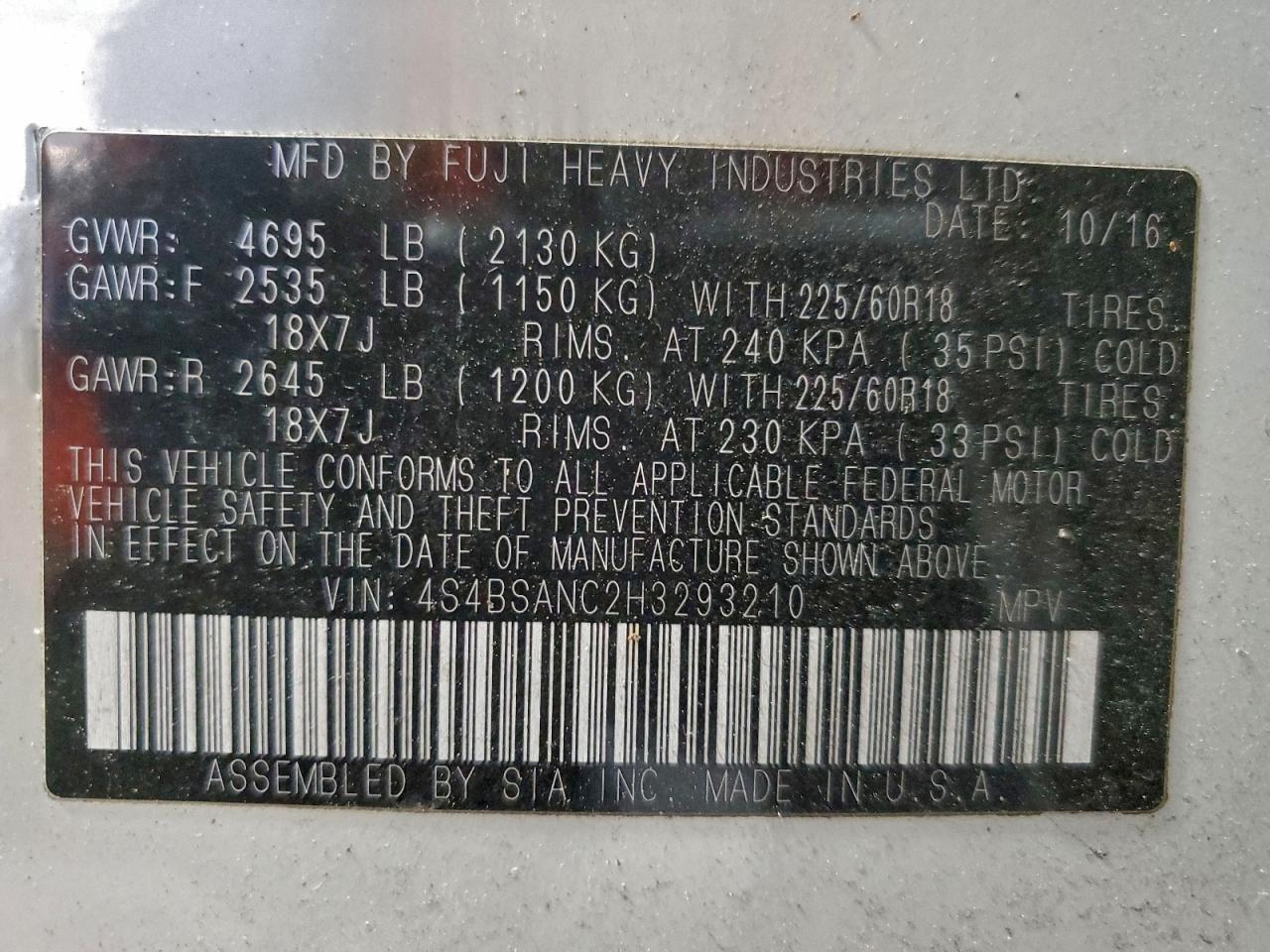 Lot #3316794450 2017 SUBARU OUTBACK 2.