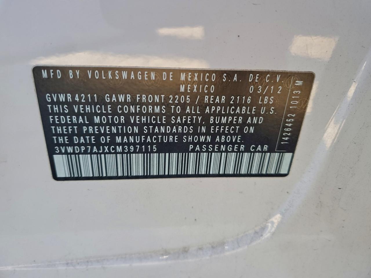 Lot #3315966087 2012 VOLKSWAGEN JETTA SE