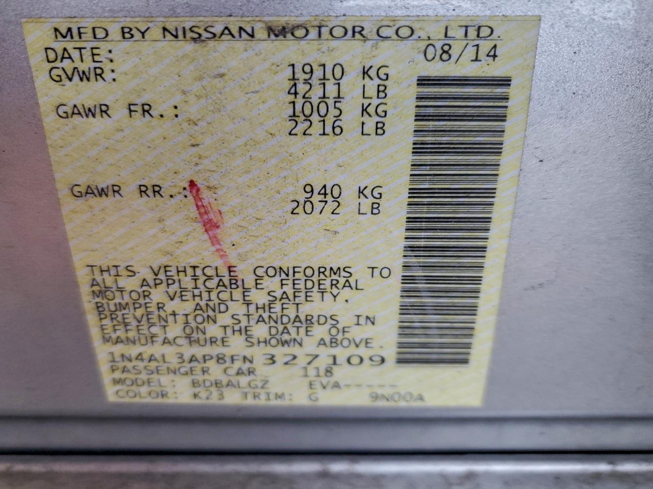 Lot #3301802348 2015 NISSAN ALTIMA 2.5