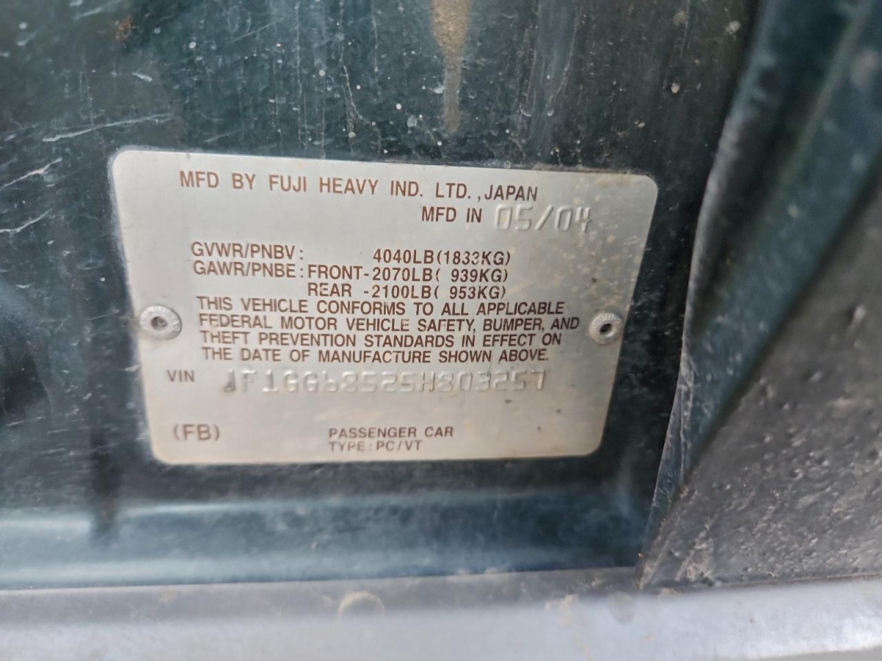 Lot #3311665230 2005 SUBARU IMPREZA OU