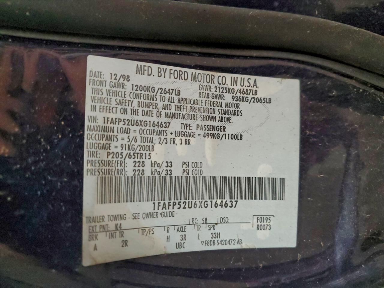 Lot #3317715078 1999 FORD TAURUS LX