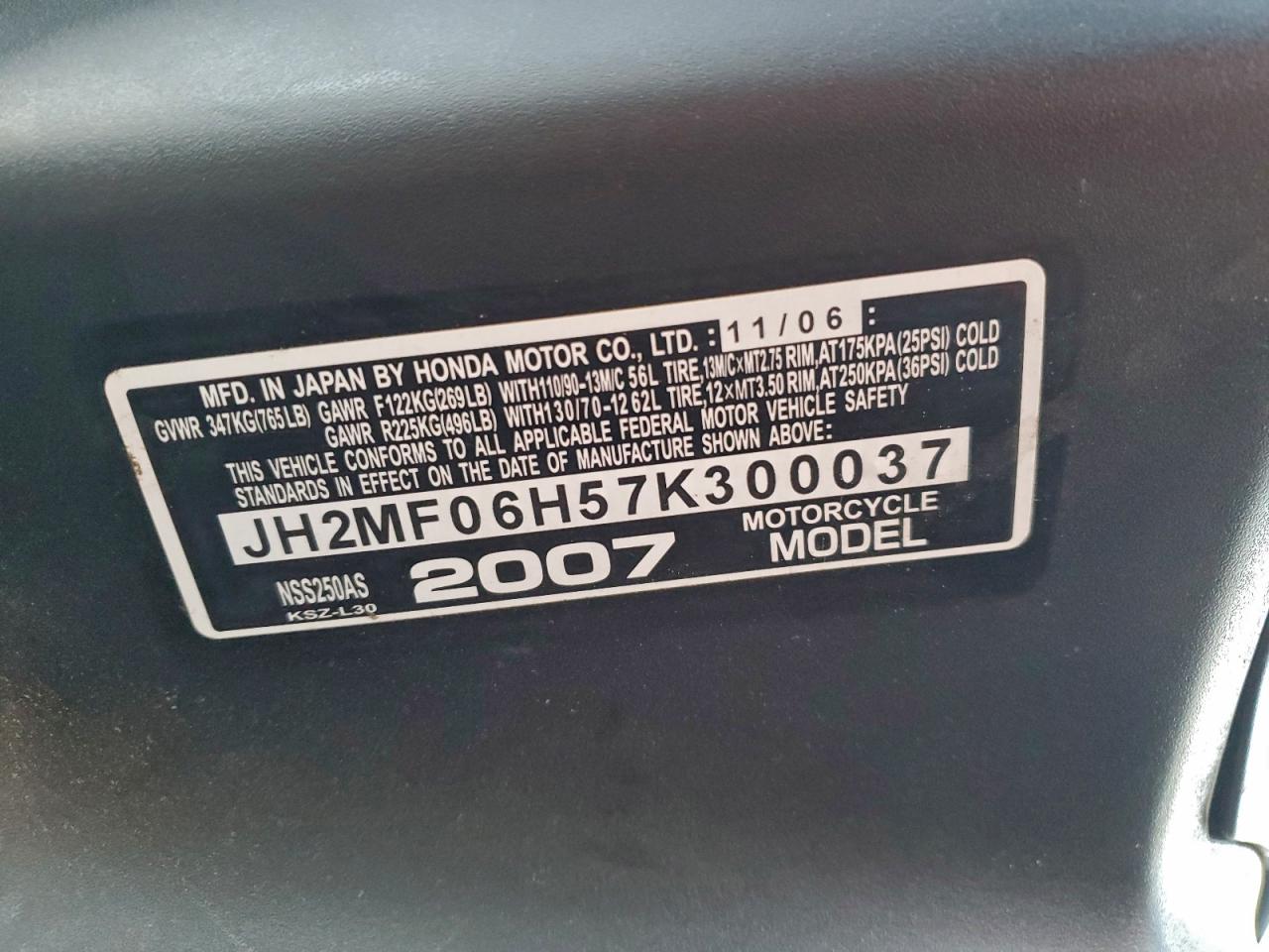 Lot #3302687086 2007 HONDA NSS250 AS