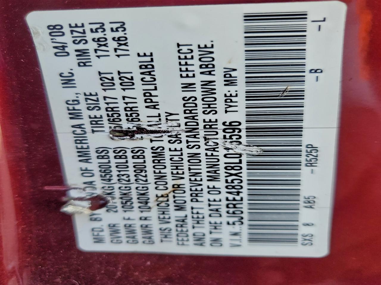 Lot #3315909104 2008 HONDA CR-V EX