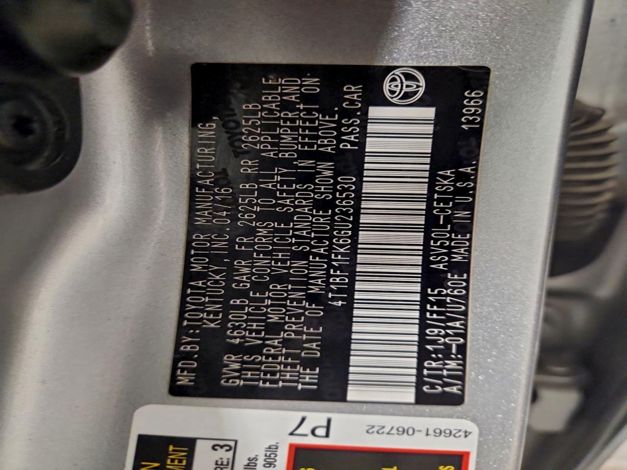 Lot #3302714061 2016 TOYOTA CAMRY LE