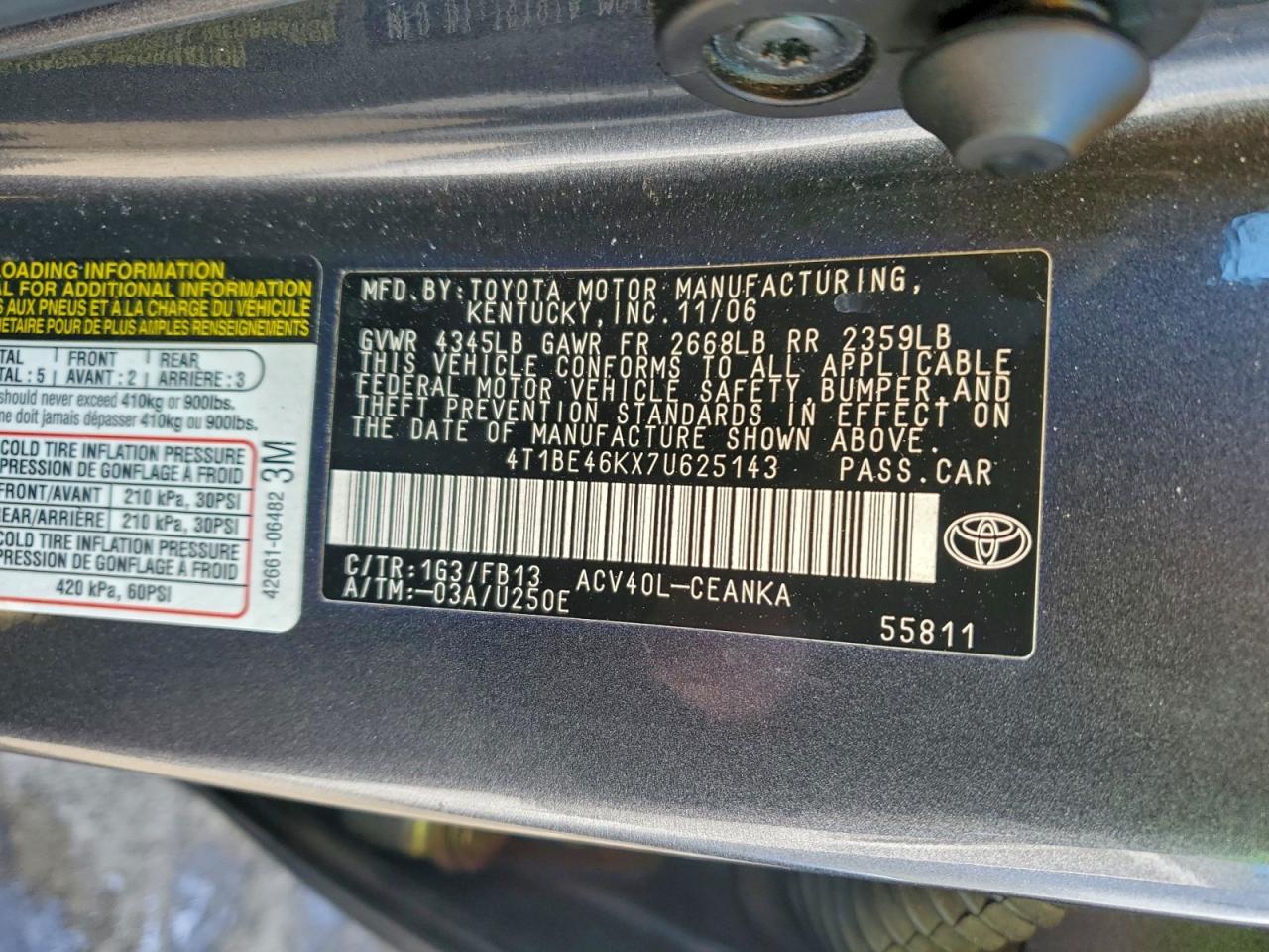 Lot #3305423460 2007 TOYOTA CAMRY CE