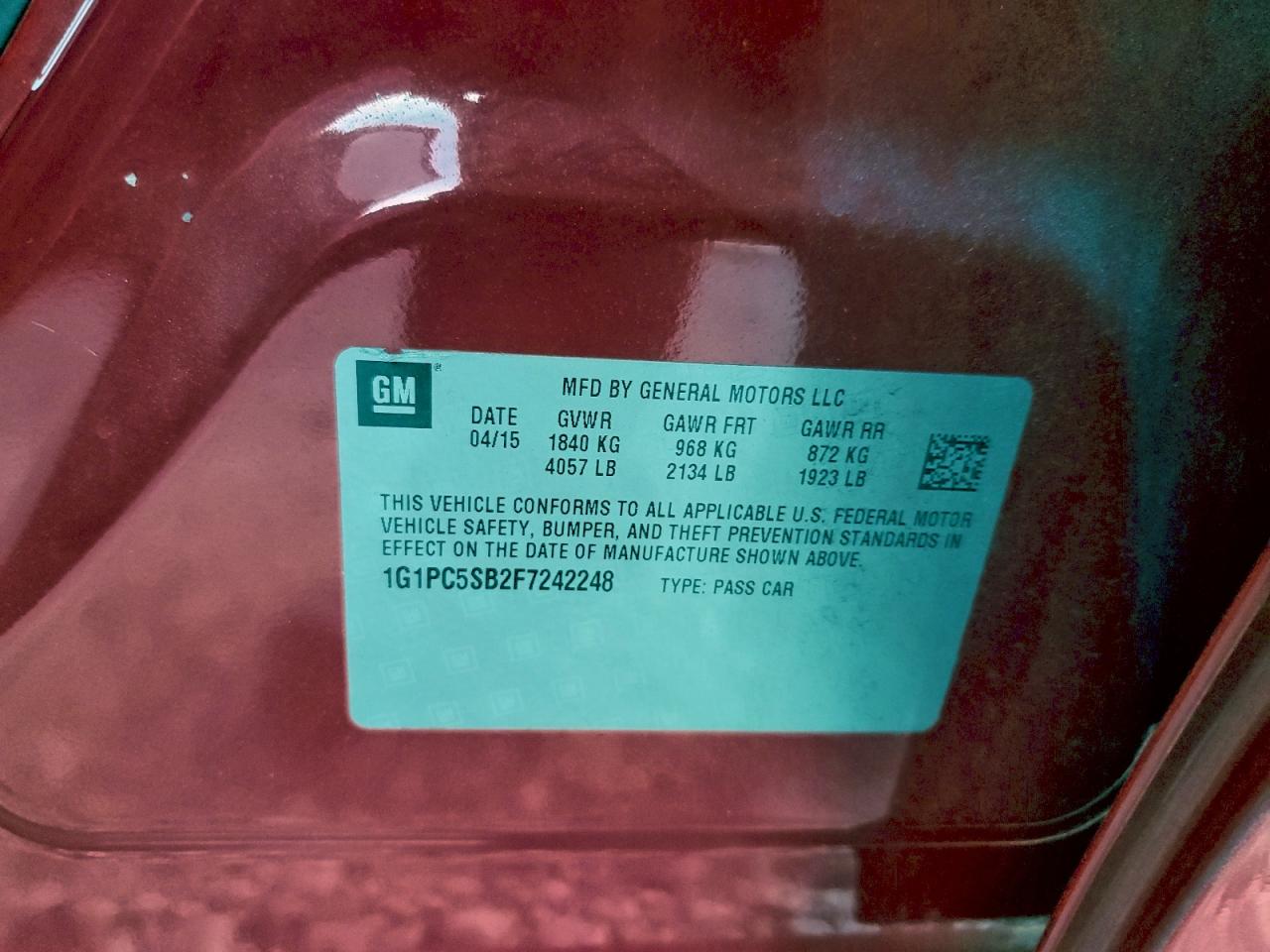 Lot #3310324996 2015 CHEVROLET CRUZE LT