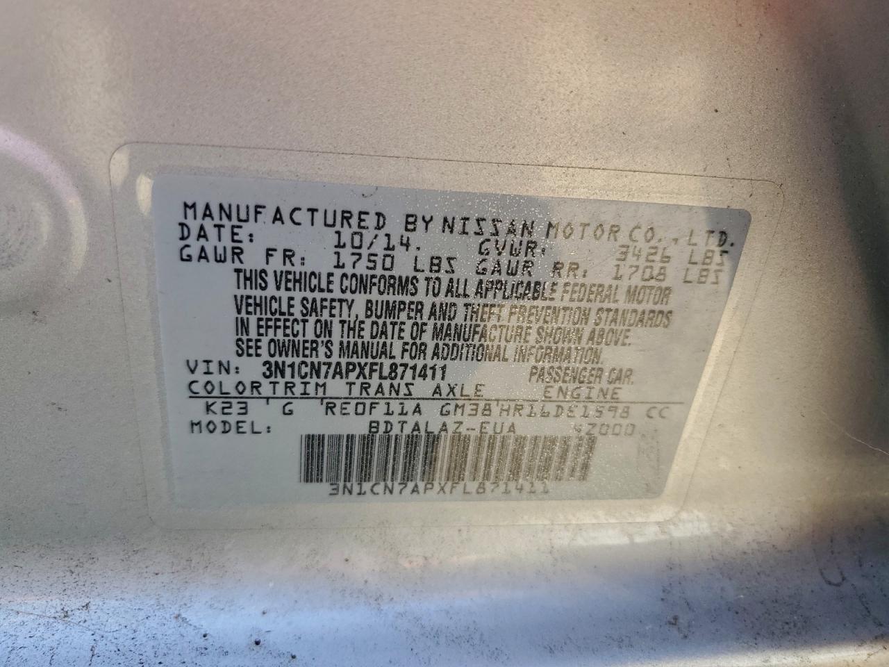 Lot #3302780894 2015 NISSAN VERSA S