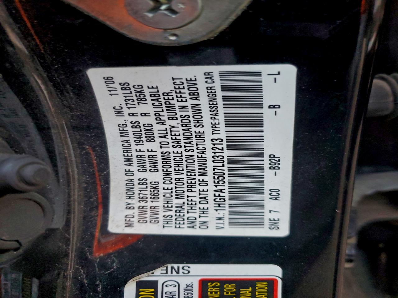 Lot #3304515538 2007 HONDA CIVIC LX