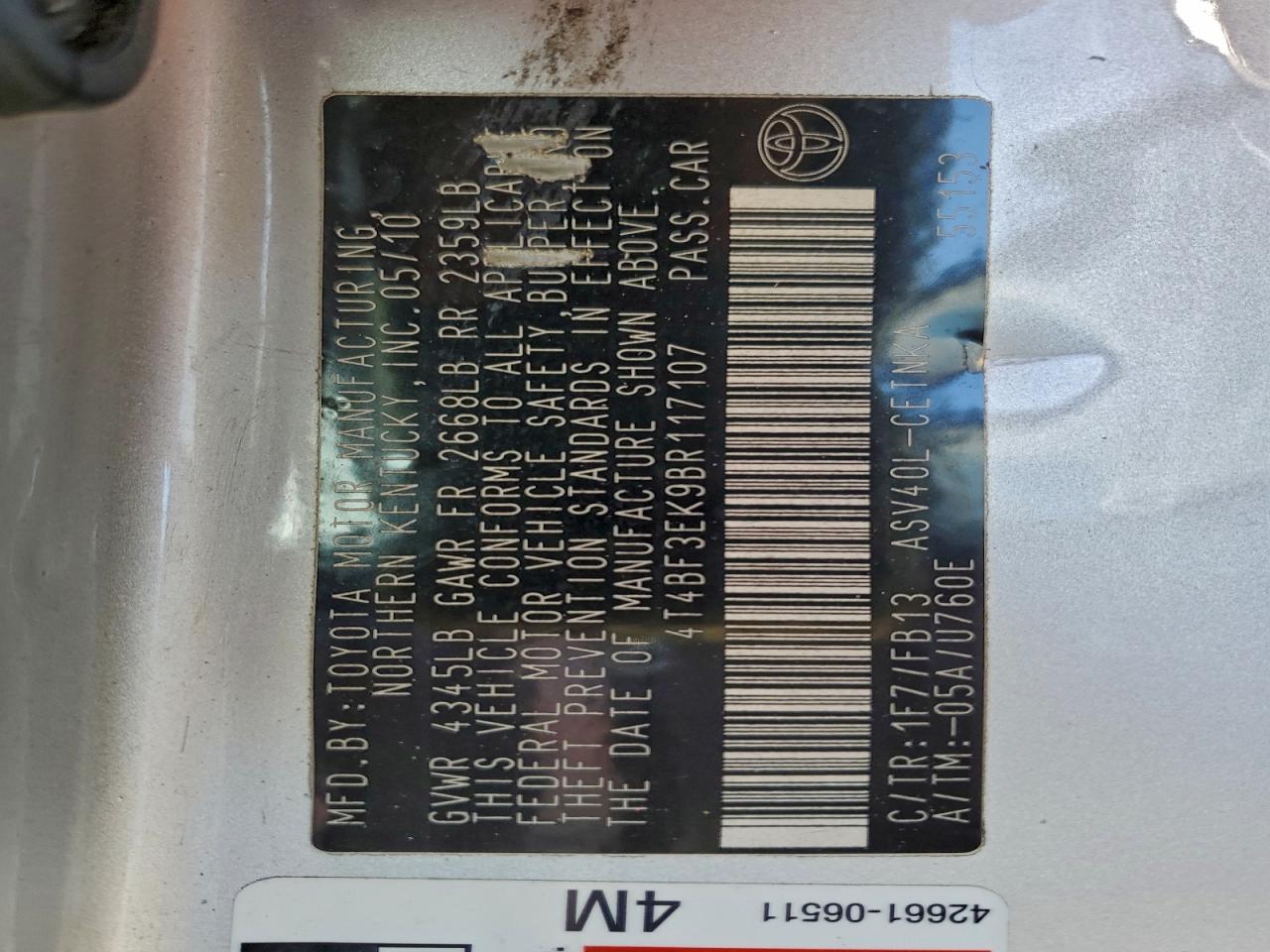 Lot #3309212633 2011 TOYOTA CAMRY BASE