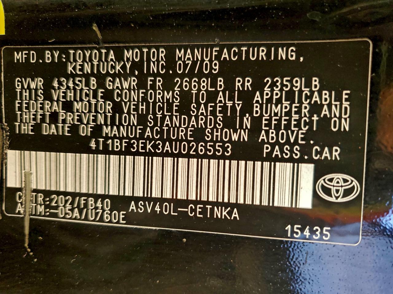 Lot #3310664741 2010 TOYOTA CAMRY BASE