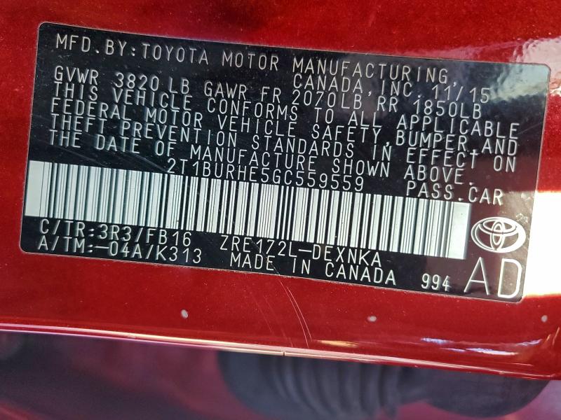 2016 TOYOTA COROLLA L #3317864915