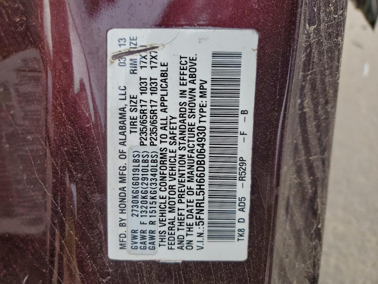 Lot #3317084018 2013 HONDA ODYSSEY EX