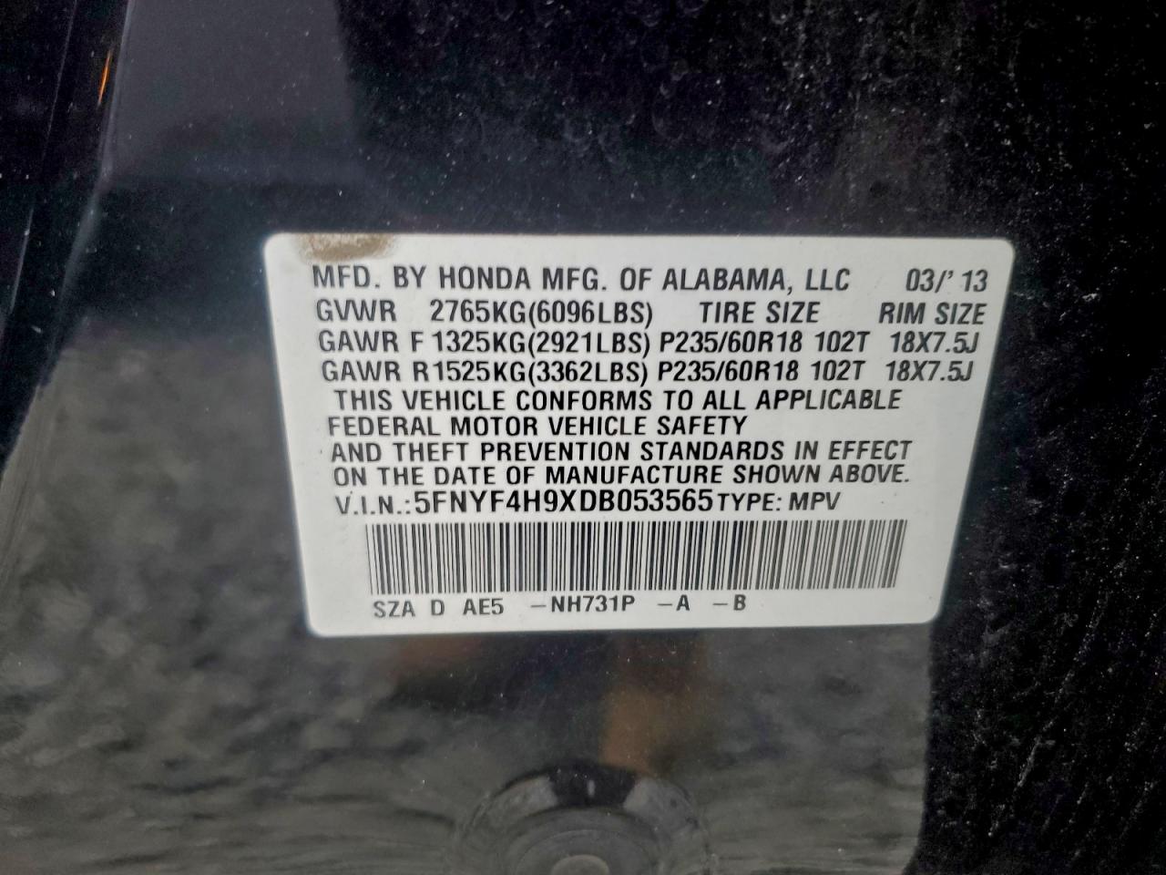 Lot #3312290777 2013 HONDA PILOT TOUR