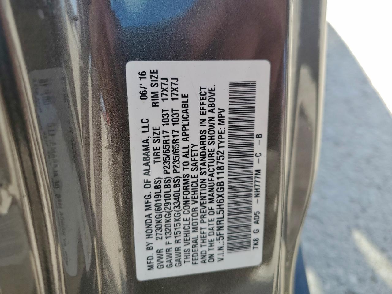 Lot #3309536624 2016 HONDA ODYSSEY EX