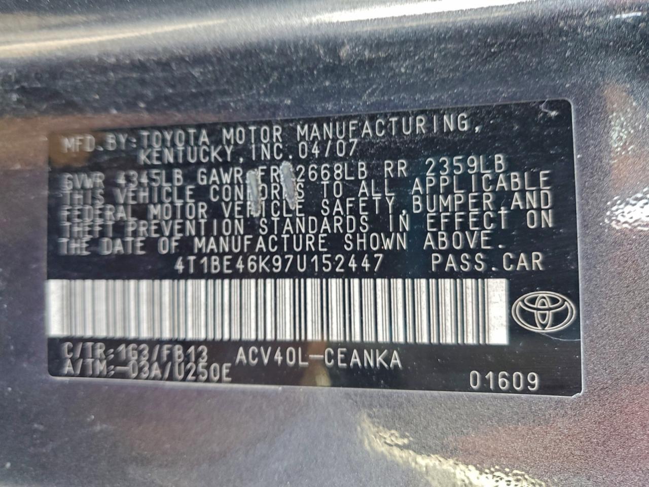 Lot #3302743046 2007 TOYOTA CAMRY CE
