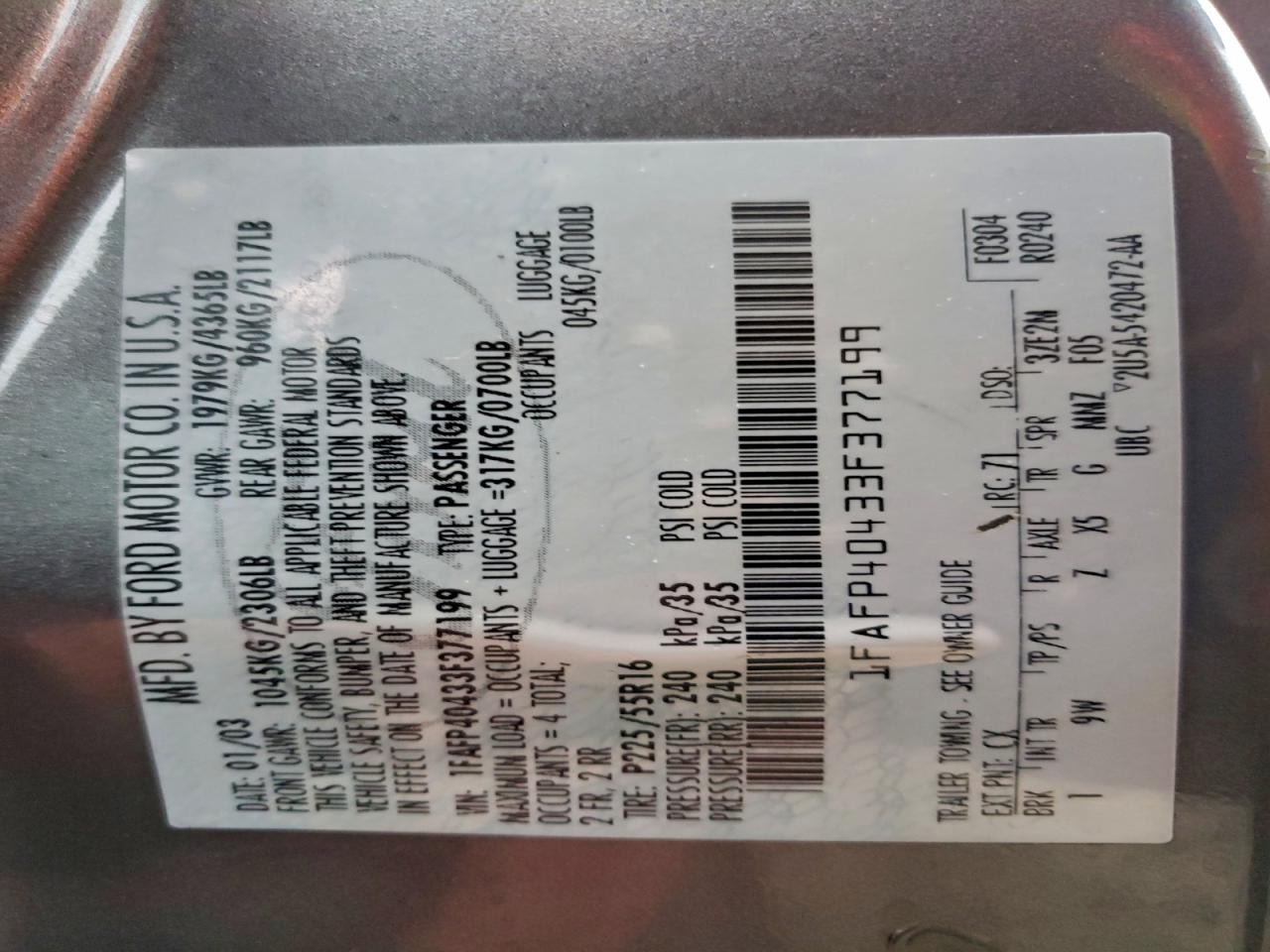 Lot #3315707460 2003 FORD MUSTANG