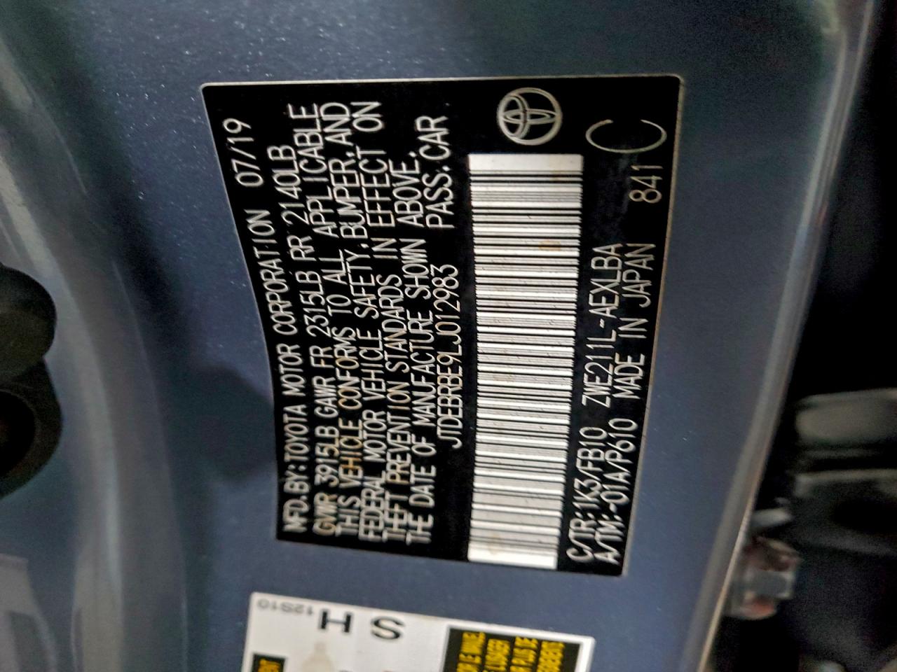 Lot #3311722253 2020 TOYOTA COROLLA LE