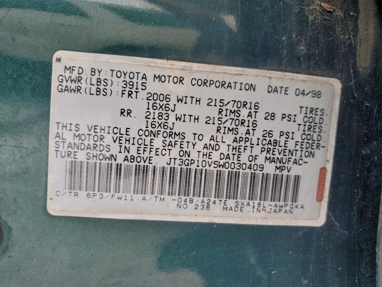 Lot #3311115898 1998 TOYOTA RAV4