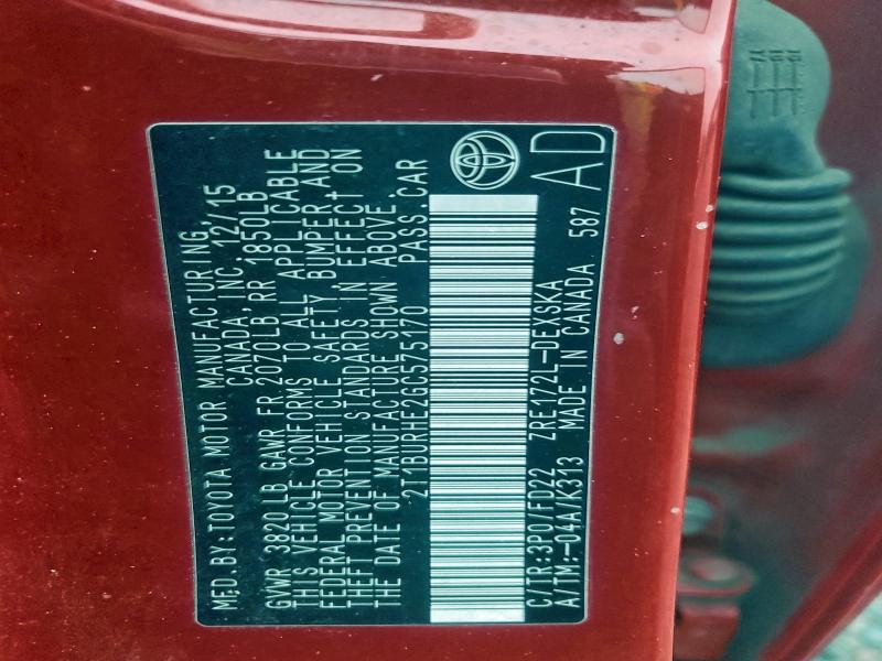 2016 TOYOTA COROLLA L #3312786102